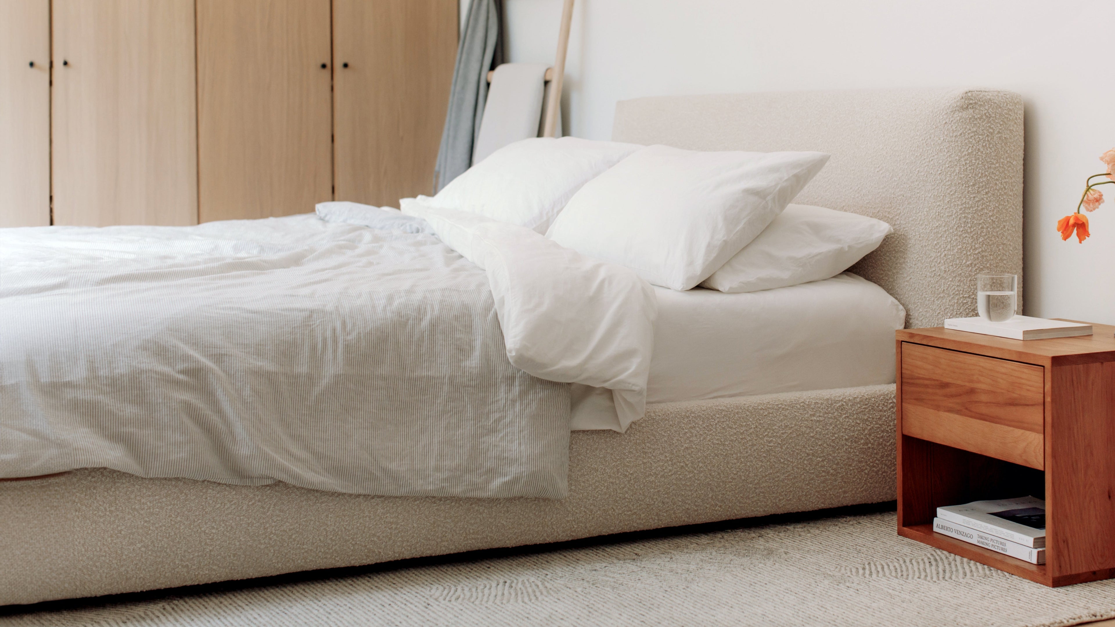 Dream Bed With Storage, Full, Cream Boucle